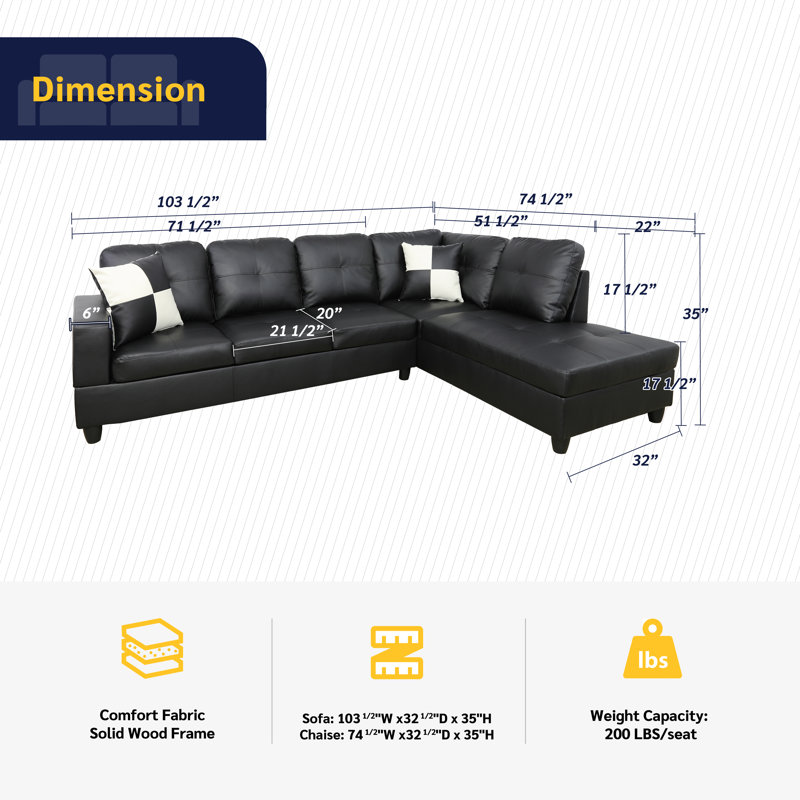 Aashild Faux Leather L-Shaped Sectional, Right Hand Facing, Black Faux Lather