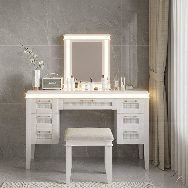 7-Drawer Vanity Desk With Mirror And Lights And Stool, White