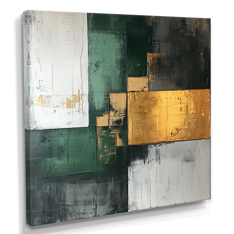 Géométrique or vert et gris Pure Form II - art mural abstrait géométrique, H 36 po x l 36 po, Toile tendue, Ne s’applique pas