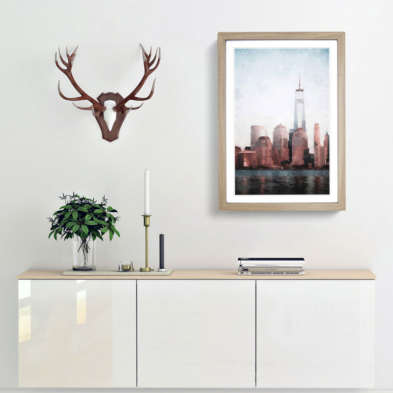 Downtown New York City Skyline - Single Picture Frame Painting on MDF, 33cm H x 24cm W x 2cm D, Oak Framed