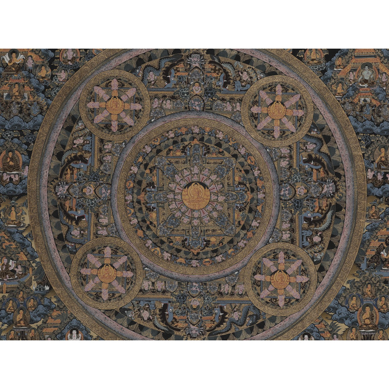 Art mural de douze mandalas peints à la main - 32 po de large Thangka tibétain avec des accents d'or 24 carats, méditation géométrique sacrée et décor spirituel