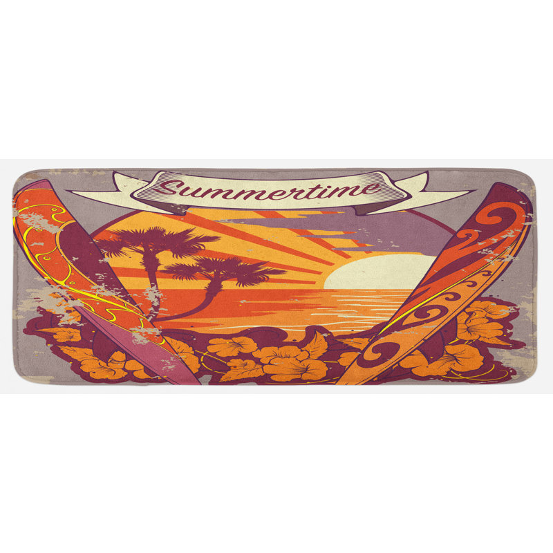 Tapis de cuisine orange bluegrey marron à la typographie summertime rétro avec surf et exotiques