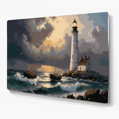 Transportation Lighthouse scenes with boats Gray Metal Wall Art