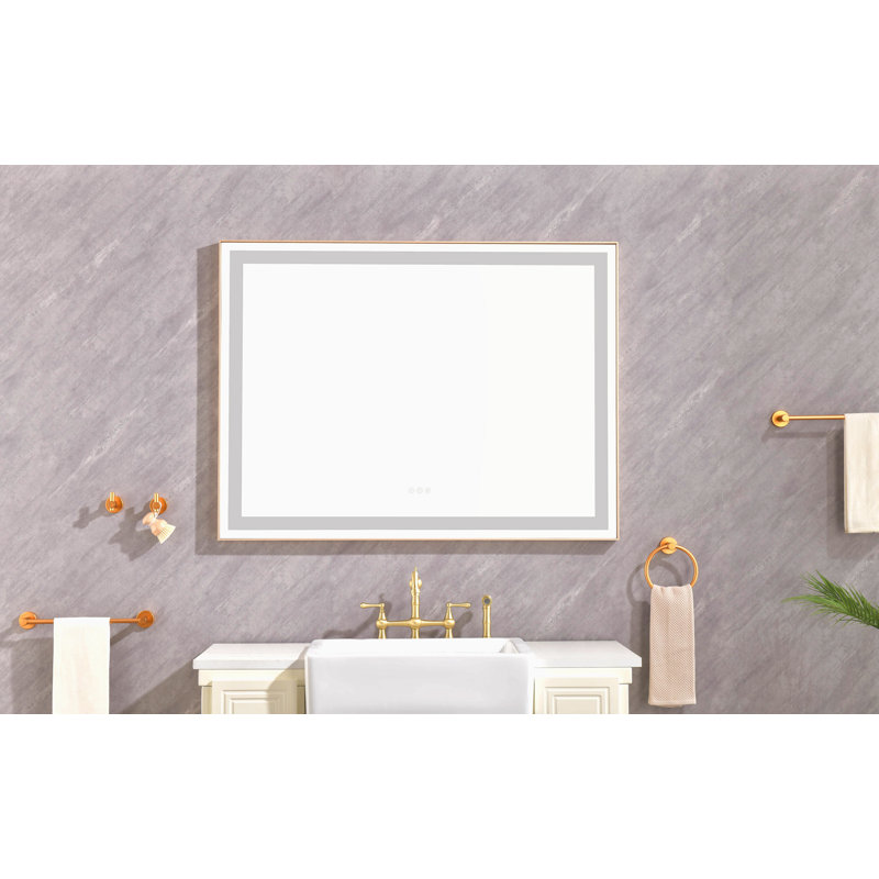 48 "36" miroir de salle de bain mural avec lumière élevée et anti-buée à contrôle séparé, Doré