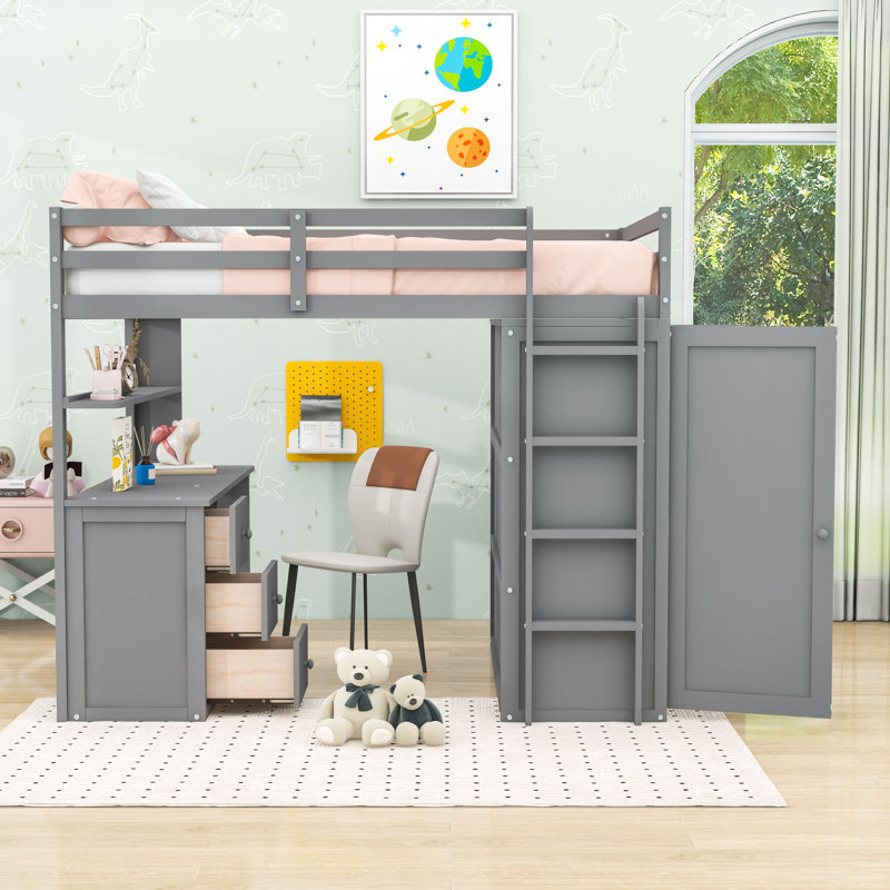 Loft Bed With Desk, Drawers, And Wardrobe, Gray, Full