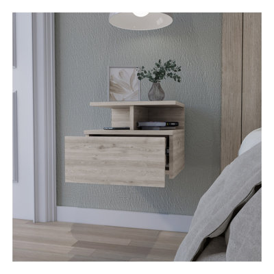 Augusta Floating Nightstand with 1 Drawer and 2-Tier Shelf, Light Gray Engineered Wood Wall-Mounted Bedside Storage