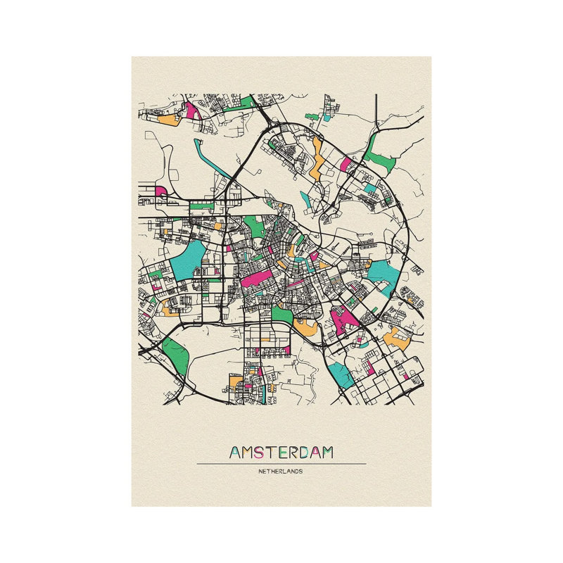 Amsterdam, Netherlands Map by Ayse Deniz Akerman - Print on Canvas, Wrapped Canvas, 20.32 cm H x 30.48 cm W
