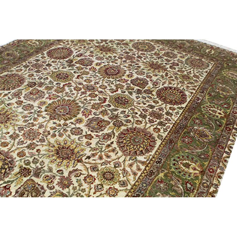 Tapis crème et vert noué à la main de haute qualité