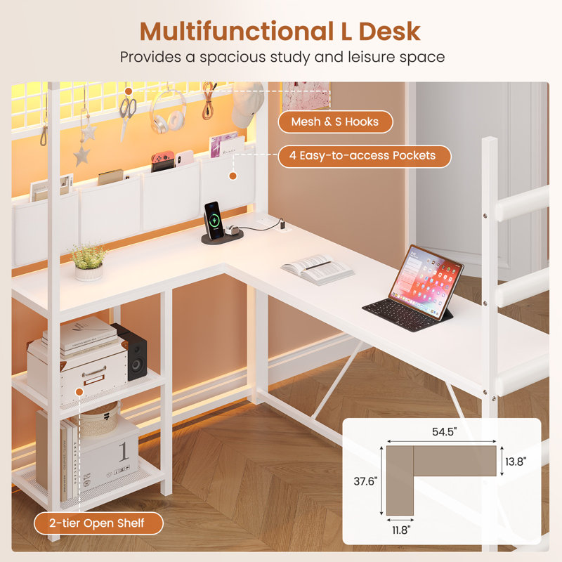 Lit mezzanine double avec 7 tiroirs de rangement, grande bibliothèque à 2 cubes, bureau en L et station de charge, lit mezzanine en métal avec lumières DEL et tablette ouverte, lit avec barrière de sécurité et échelles, gris chêne | Lit mezzanine double 4 en 1