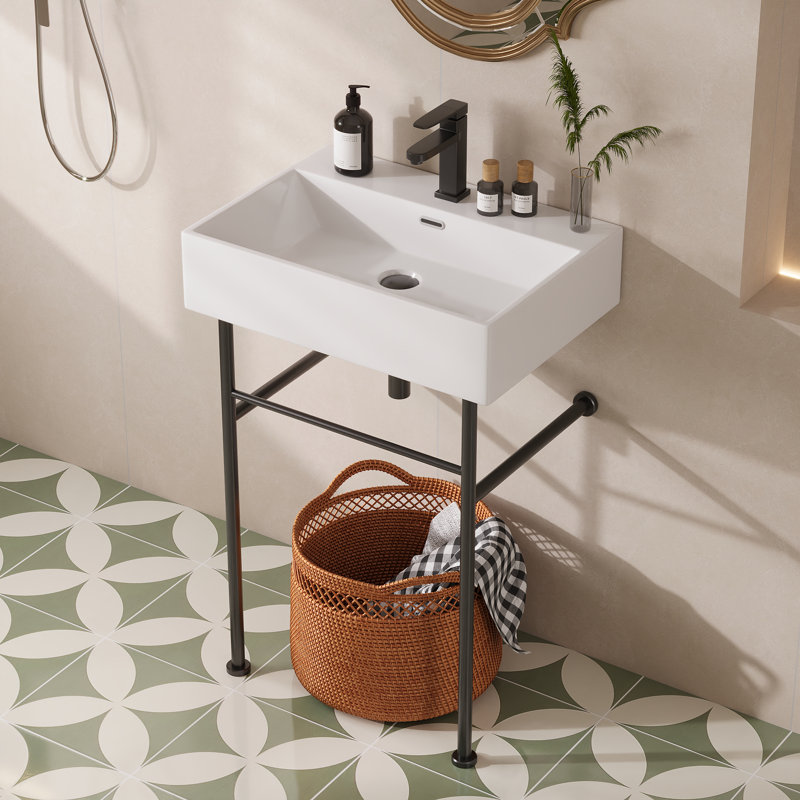 Lavabo de salle de bain console rectangulaire en céramique à trou simple 24 po avec trop-plein, Blanc / noir