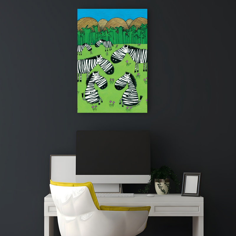 Drôle de zèbres dans la prairie verte, ludique, fantaisiste, paysage zébré abstrait, art mural, 18" H x 12" W