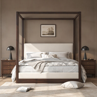 Wood Canopy Platform Bed with Upholstered Headboard