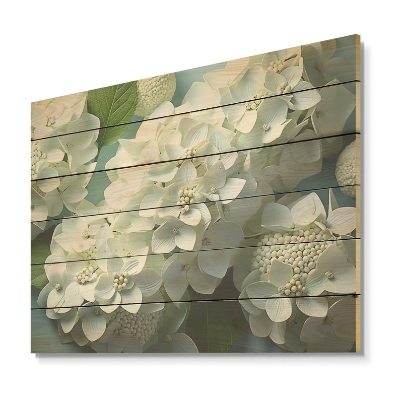 «Soft Neutral Tones Portray Hydrangea Blooms I», art mural bois d'hortensia sur bois de pin naturel, H 30 po x l 40 po