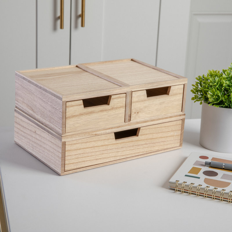 Light Natural Paulownia Wood Stackable Storage Boxes with Drawers, Set of 3