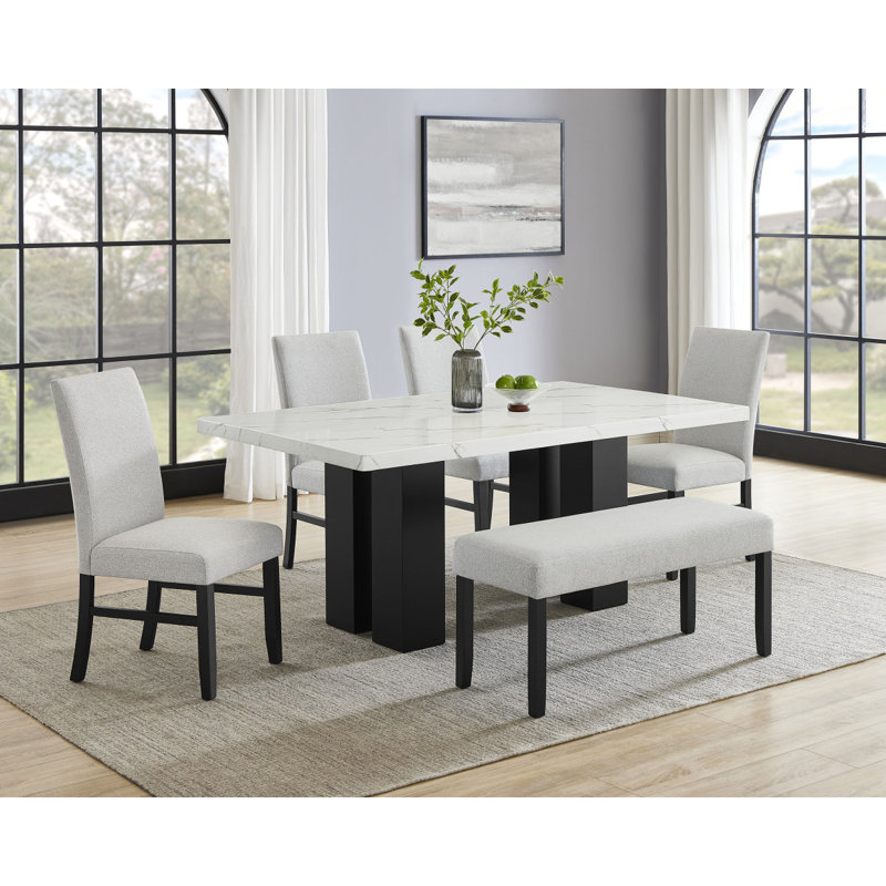 Ensemble de salle à manger 6 pièces blanc, 6 pièces: table, banc, 4 chaises
