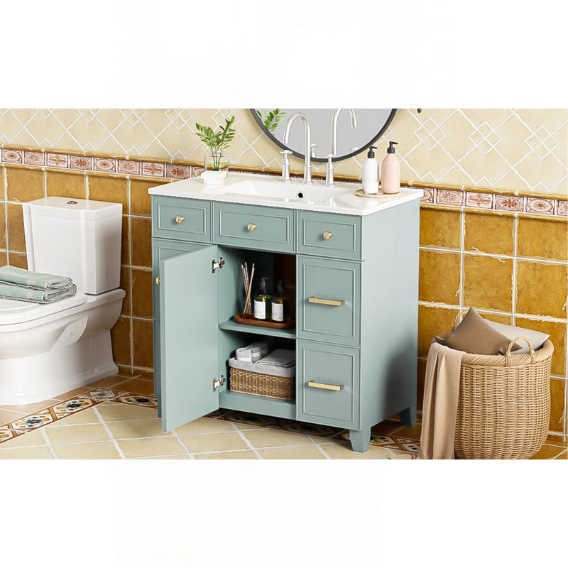 Meuble-lavabo 36 po avec lavabo en céramique, cadre en bois massif vert, portes à fermeture douce, tablettes réglables, 3 tiroirs, y compris un tiroir à double profondeur pour le rangement du sèche-cheveux