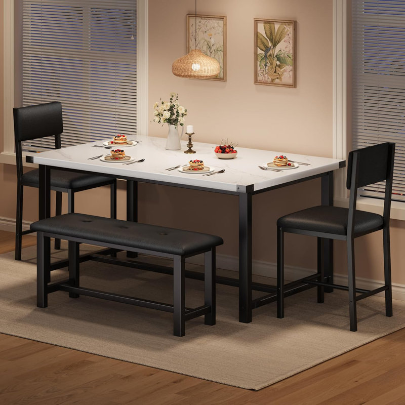 Dining Table Set For 4, Kitchen Table And 2 Upholstered Chairs With Bench, White