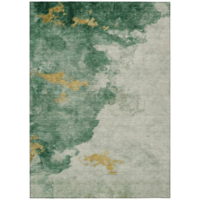 Tapis intérieur lavable abstrait émeraude et doré 8 pi x 10 pi