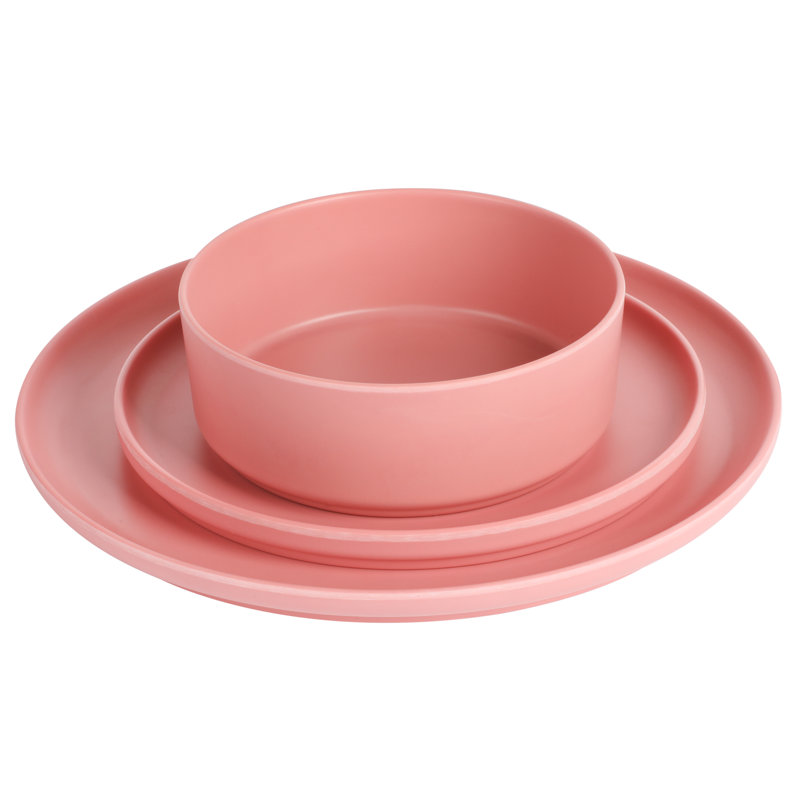 Gibson Home Canyon Crest 12-Piece Stackable Matte Melamine Dinnerware Set, Rose Red
