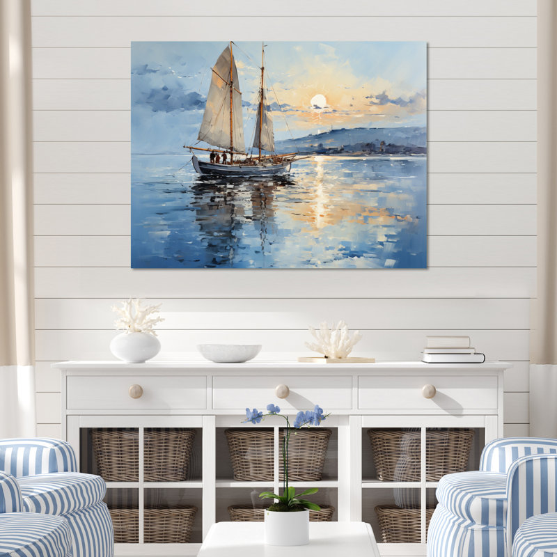 Bateau, voile, reflets I - art encadré de bateau côtier, H 16 po x l 32 po x P 1 po, Toile tendue