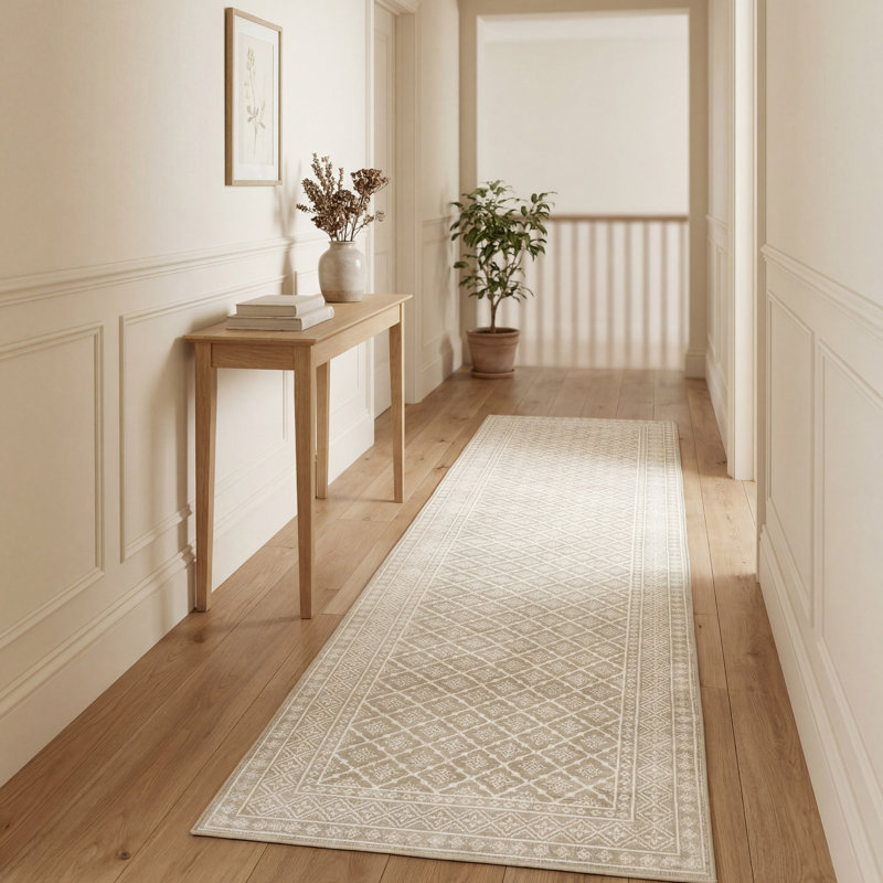 Laura Ashley Washable Printed Velvet Rug, Beige, 2'2" x 8'