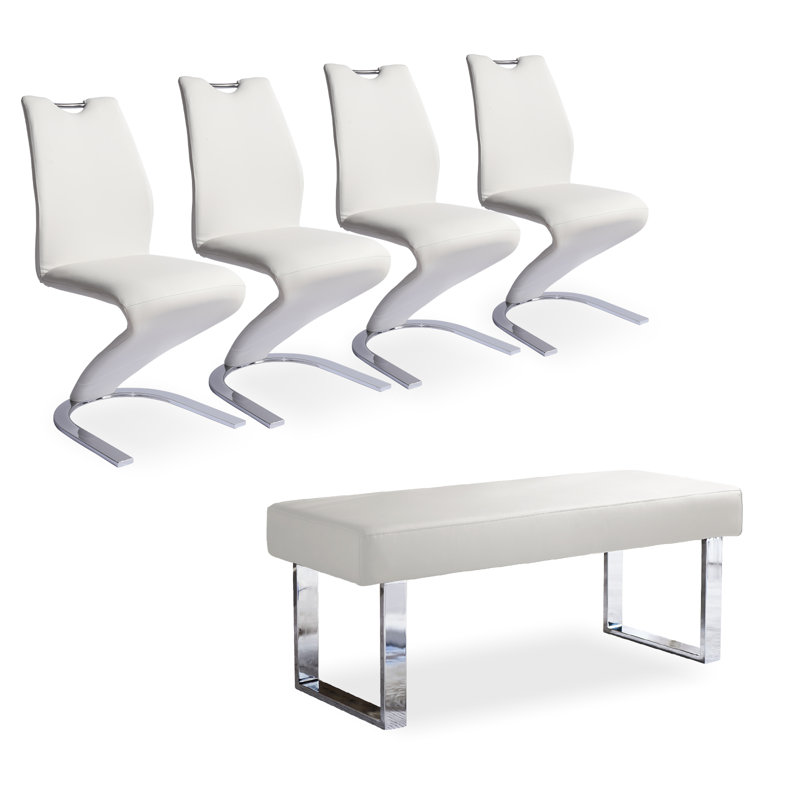Cemal Modern Ottoman Bench with Mermaid Dining Chairs, White