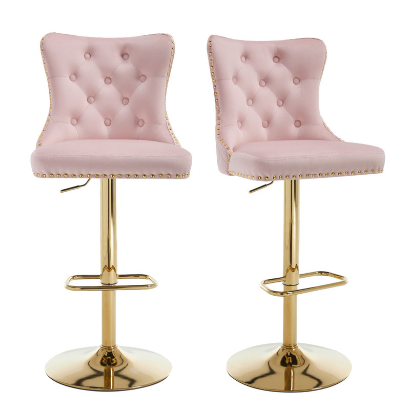 Tabouret de bar à hauteur ajustable Leonelle, Doré, Rose