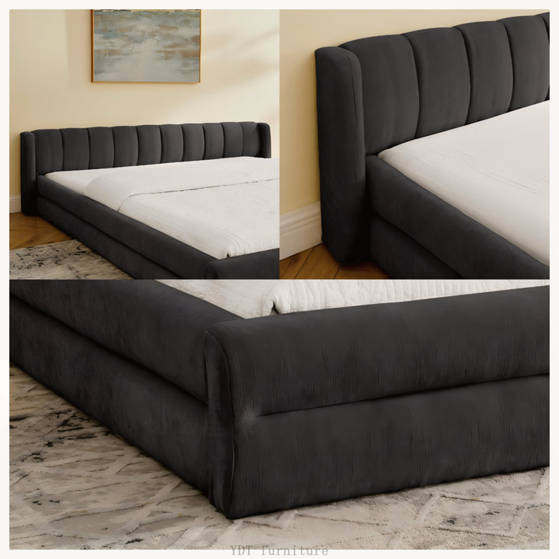Très grande base de lit tapissier très grand avec tête de lit en tissu épais et cadre uni gris foncé, Gris foncé