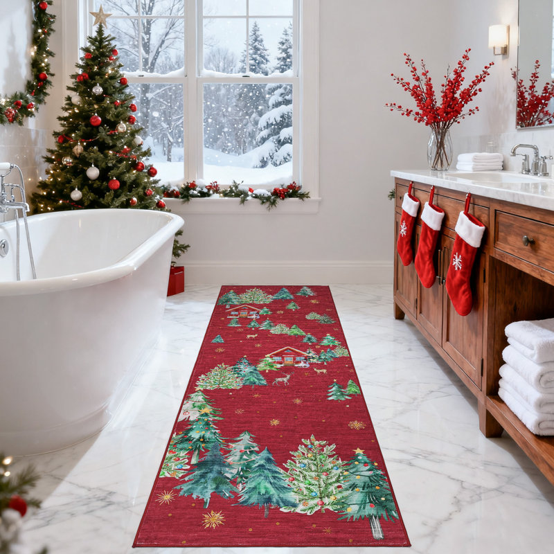 Christmas Washable Non-Slip Christmas Area Rug with Santa, Christmas Tree and Reindeer Pattern, Holiday Rug for Kitchen, Entryway, Living Room and Bedroom