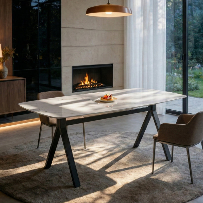 Table de salle à manger rectangulaire en verre trempé avec motif en marbre et pieds en métal noir robustes, pour un décor de restaurant moderne.