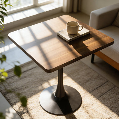 Table tulipe carrée 27,6 po - Bord épaissi, piédestal en métal, style Mid-Century moderne (noyer)