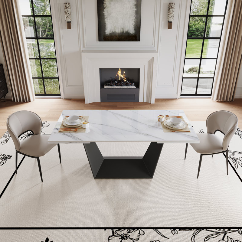 Table de salle à manger extensible en pierre pour 4 à 8 personnes, ensemble de table de salle à manger rectangulaire moderne avec 8 chaises