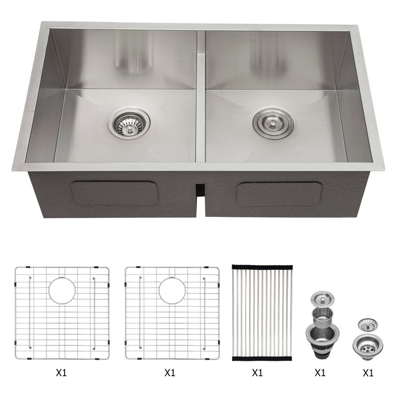 Évier de cuisine à double cuve (50/50) encastrable 36 po x 19 po x 10 po à double cuve de calibre 16 avec deux cuves profondes de 10 po