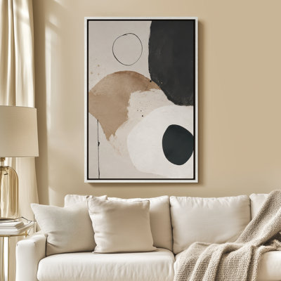 Framed Canvas Wall Art - Minimalist Neutral Abstract Shapes with Black Circle Accents - 16"x24", 24"x36"