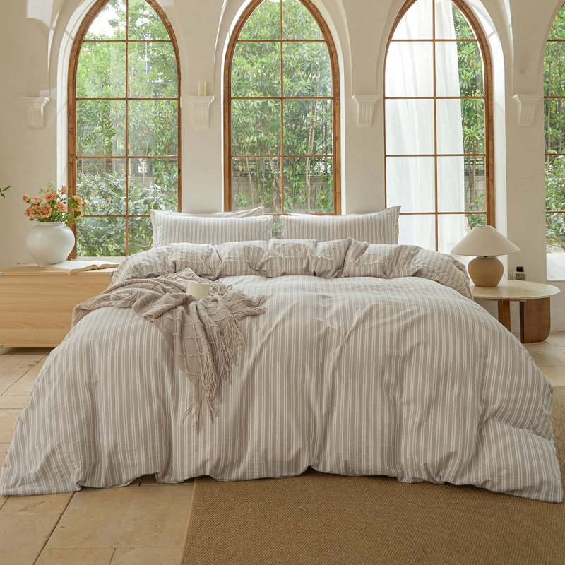 DONEUS Striped Duvet Cover Set 100% Washed Cotton Linen Like Soft Feelling Breathable Bedding, Tannish Linen Gray/White