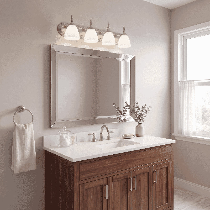 Bar de salle de bain Sennott, Bronze anglais, H 8 po x l 30 po x P 30 po, Quatre lumières