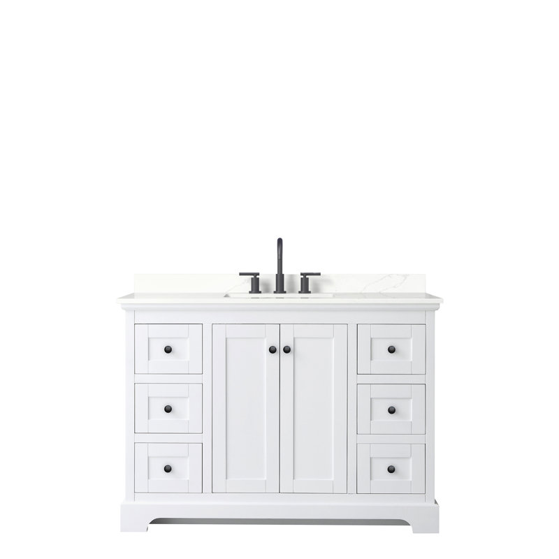 Meuble-lavabo simple autoportant avec plateau en quartz Avery, Quartz Giotto, Blanc, Or brossé