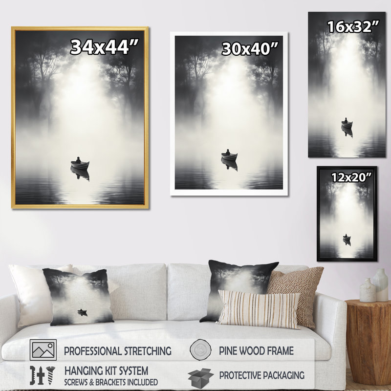 «Solitaire Fisher Boat Misty Lake» sur toile, H 32 po x l 24 po x P 1 po, Toile tendue