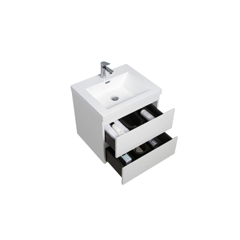 Meuble-lavabo flottant 24 po pour salle de bain, moderne. Lavabo en résine blanc brillant. Tiroirs à fermeture en douceur. Organisateur de salle de bain. Installation facile. Lavabo en bois dans la salle de bain. Rangement. Dessus.