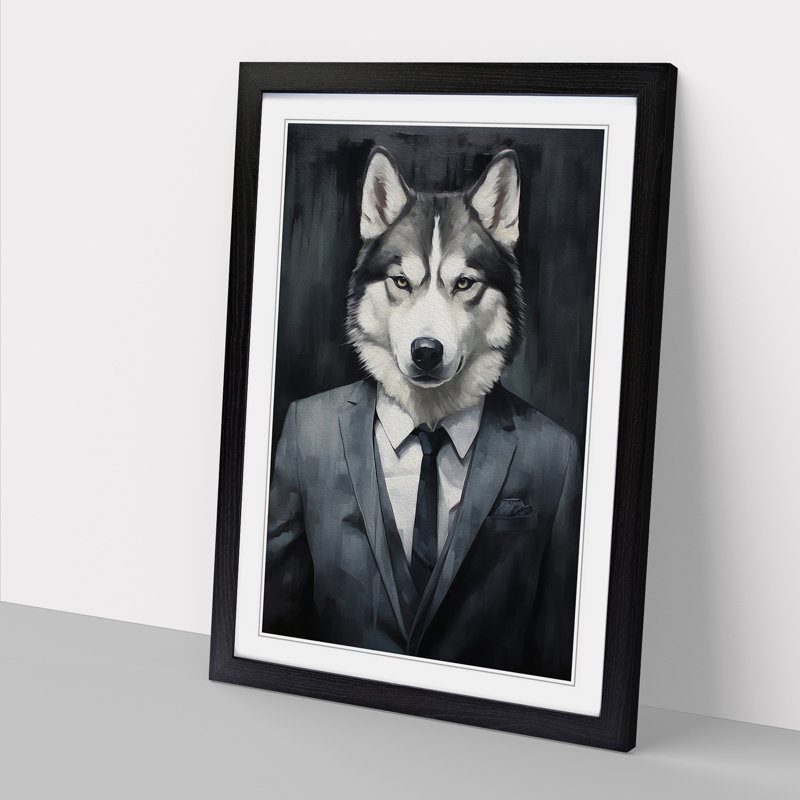 Husky In A Suit Painting - Single Picture Frame Print on Wood, 46cm H x 34cm W x 2cm D, Black Framed