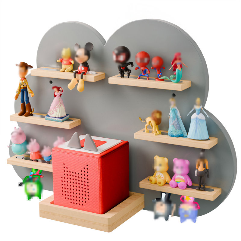 Cloud Tonies Shelf For Toniebox, Charging Station - Unique Tonies Shelf Magnetic For Tonie Figures, Grey Beech Wood Floating Shelves