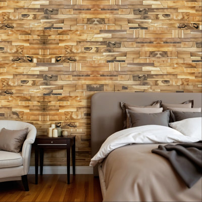 Panneaux muraux décoratifs en bois de teck recyclé brun, à motif abstrait 3D en relief