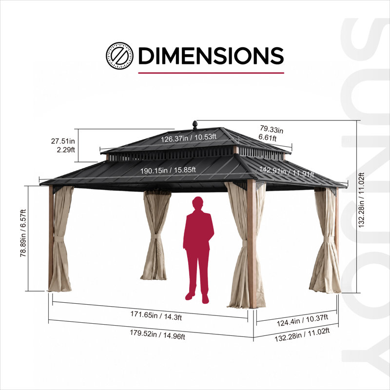 SUNJOY Kingston 16x12 Gazebo, Steel Hardtop Gazebo with Curtain and Netting - Woodgrain Aluminum Posts, Woodgrain