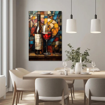 1Pc Framed Canvas Poster Print Wine bottle and wine glass, geometric abstract background, mosaic art style Wall Art, Wall Decor, Perfect for Room Decor Living Room Bedroom Office Kitchen Bathroom Home Decor, Rustic & Modern Ideal Home Wall Decoration