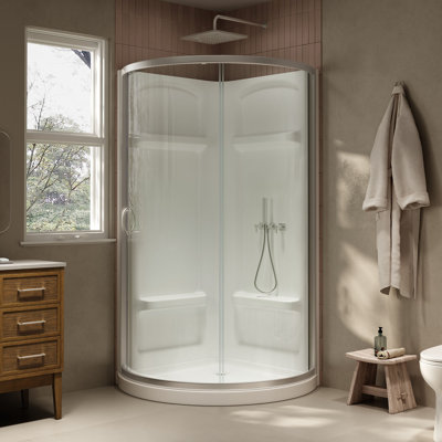 Ensemble de douche d'angle arrondi Breeze 40 po L x 40 po l x 77 po H, fini nickel satiné, porte coulissante transparente, parois et receveur