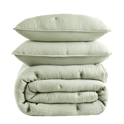 3 courtepointe en gaze de coton brodée pour lit double / grand, sauge, doux naturel, confort toutes saisons, pointage, taies décoratives assorties double / grand, couleur sauge, utilisation respirante,