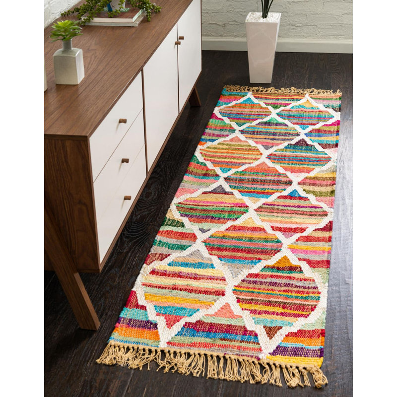 Abstract Handmade Cotton Area Rug in Multi Color - Red, Rectangle 9' x 12'
