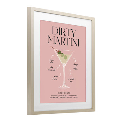 «Dirty Martini Pink Recipe», reproduction imprimée sous verre encadrée