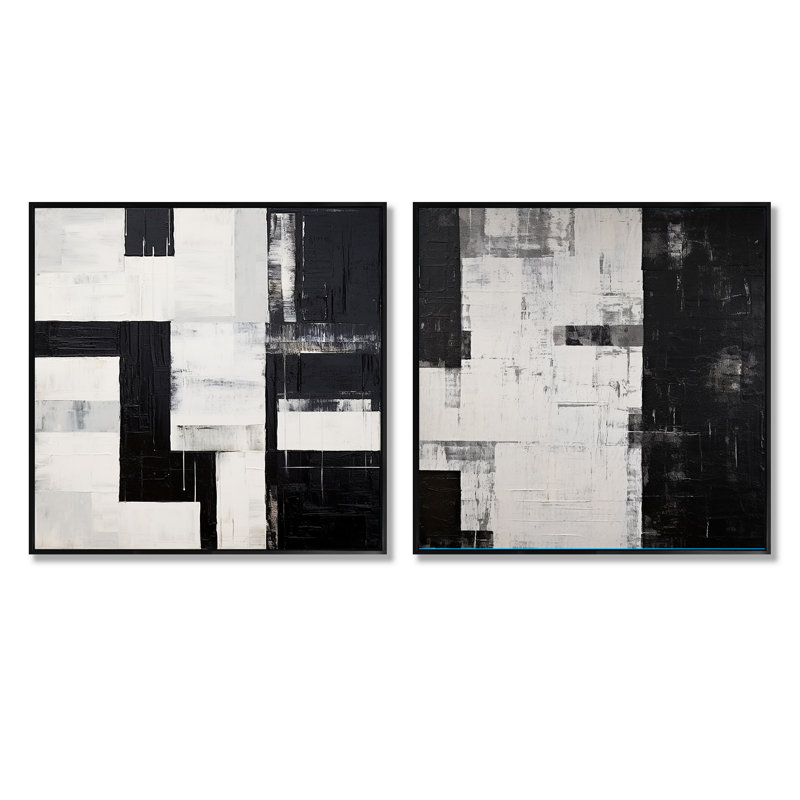 Abstrait ébène abstrait - Ensemble de 2 collages carrés à formes abstraites, Cadre flottant noir, H 16 po x l 33 po