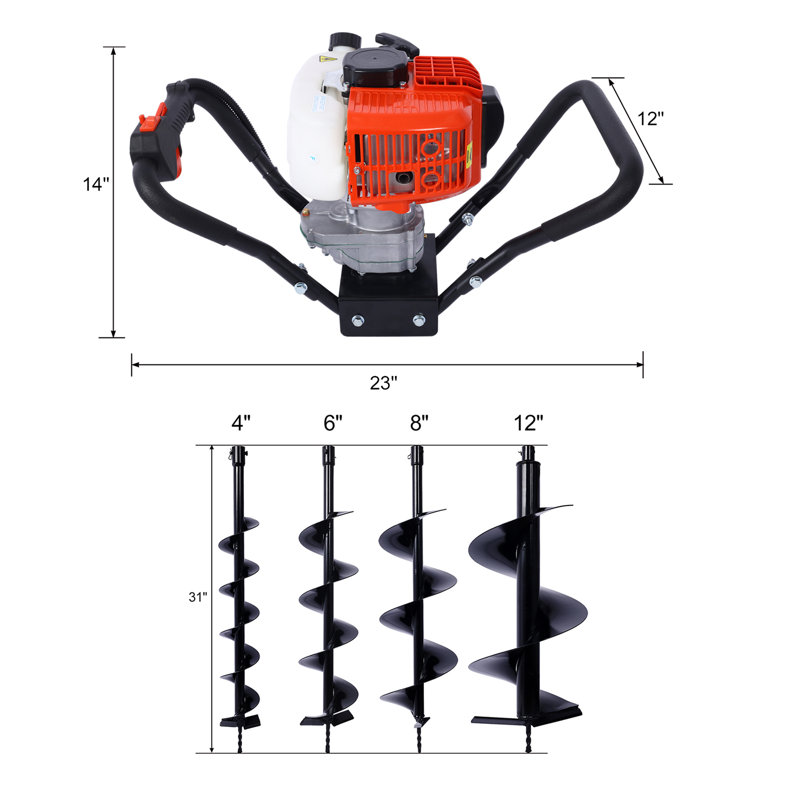 V-Type 52Cc à 2 temps alimenté au gaz avec trou d'homme à un poteau avec certification EPA, compatible avec les embouts de tarière de remplacement L4 ", L6", L8 "et L12", idéal pour creuser le sol des plantes et les trous de clôture